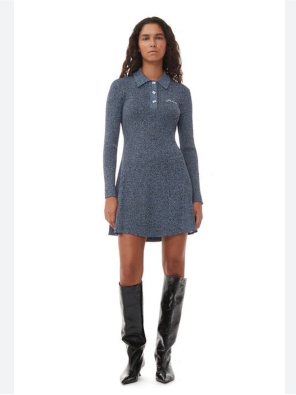 GANNI Marled Ribbed-knit Mini Shirt Dress In Slate Blue NWT XS